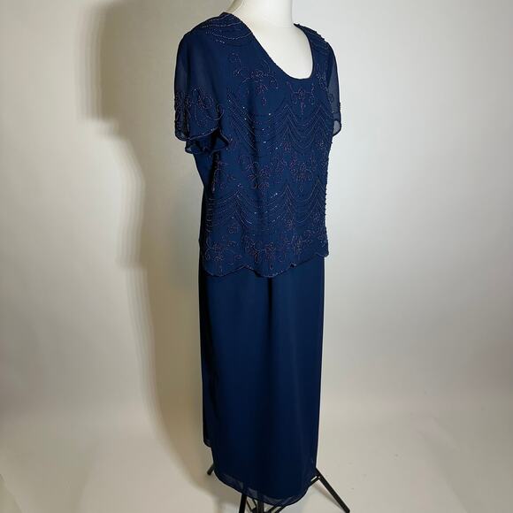 NWT R&M Richards Navy Blue Evening Cocktail Beaded Dress Womens Petite Size 16P - Picture 3 of 12